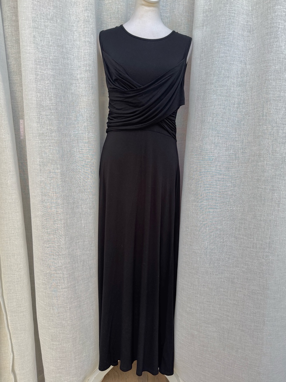 Donna Karan black sleeveless maxi dress draped bust detail